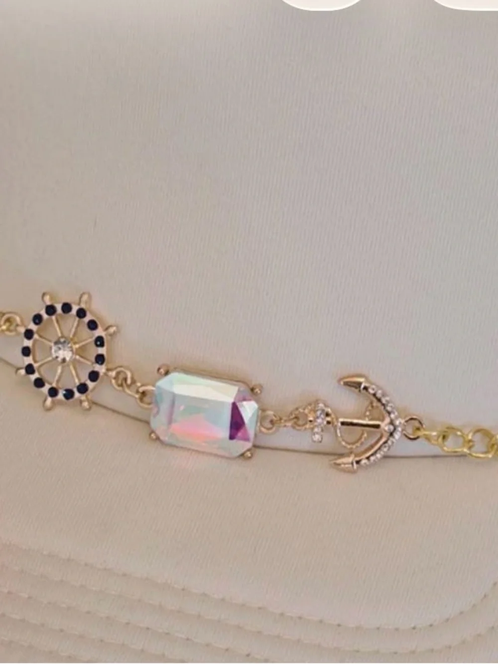 Gold Nautical Crystal Hat Chain  - Iridescent Center Stone